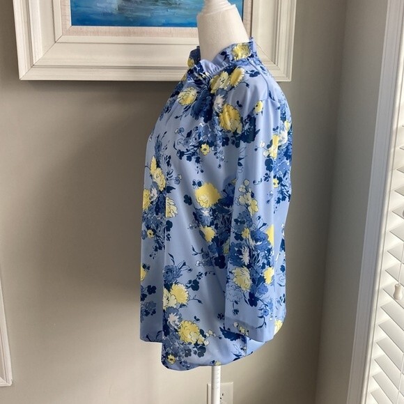 Vintage Bend Over Blue Yellow Floral Ruffle Vneck Blouse Large - Picture 5 of 11